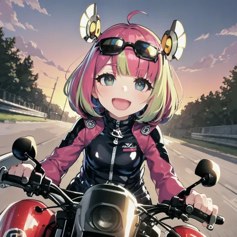 , absurdres, high detail, 4k, sunset, racing circuit,
driving motorcycle mariocart, laughing, turtle shell,
chibi, avarin, multicolored hair, pink hair, blonde hair, short hair, bob cut, hair ornament, sunglasses, bikesuit,
<lora:MGCM-avaritia-t1:0.8>
