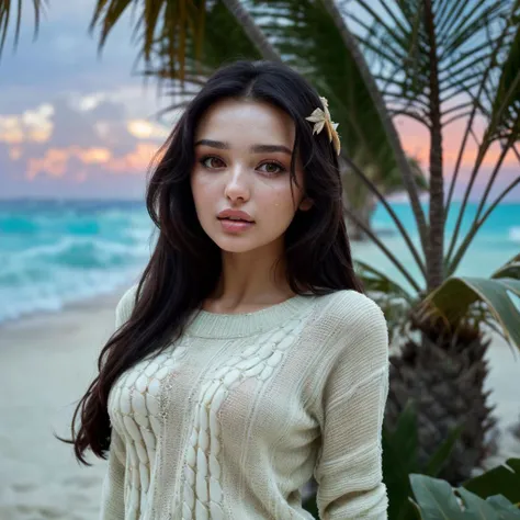 <lora:dariazaritskaya_sd15_512_128_64_v1:1> dariazaritskaya,, beautiful girl wearing a sweater, glamourous hair, depth of field, bokeh, morning tropical beach (masterpiece) (best quality) (detailed) (8k) (wallpaper) (cinematic lighting) (sharp focus) (intricate),