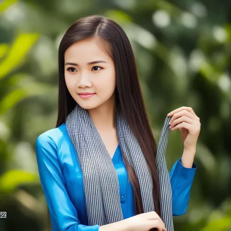 a photograph up-close body of a girl, 1girl, wears khanranbaba, black striped scarf, wooden boat girl, beautiful face, gorgeous detailed faces, confident pose, confident, ,gorgeous costume, intricate, seductive, in front green flowered park, depth of field, professional photo, best quality, masterpiece, ultra high res, (photorealistic:1.4), looking at viewer, dark hair, dark eyes