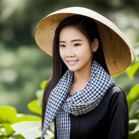 a photograph up-close body of an Vietnamese girl,  wears khanranbaba, black striped scarf,  2 legged black pants, holds white conical hat, beautiful face, gorgeous detailed faces, confident pose, confident,  ,gorgeous costume, intricate, seductive, in front green flowered park, depth of field, professional photo, best quality, masterpiece, ultra high res, (photorealistic:1.4), looking at viewer, dark hair, dark eyes