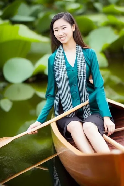 a photograph up-close body of a girl, 1girl, wears khanranbaba, black striped scarf, rowing canoe, lotus, beautiful face, gorgeous detailed faces, confident pose, confident, ,gorgeous costume, intricate, seductive, in front green flowered park, depth of field, professional photo, best quality, masterpiece, ultra high res, (photorealistic:1.4), looking at viewer, dark hair, dark eyes