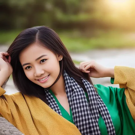 a photograph up-close body of a girl, 1girl, wears khanranbaba, black striped scarf, wooden boat, beautiful face, gorgeous detailed faces, confident pose, confident, ,gorgeous costume, intricate, seductive, in front green flowered park, depth of field, professional photo, best quality, masterpiece, ultra high res, (photorealistic:1.4), looking at viewer, dark hair, dark eyes