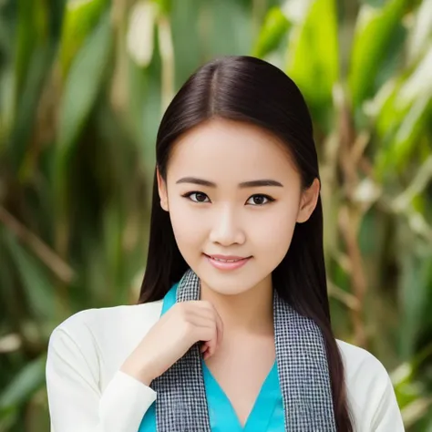 a photograph up-close body of a girl, 1girl, wears khanranbaba, black striped scarf, 2 legged black pants, beautiful face, gorgeous detailed faces, confident pose, confident, ,gorgeous costume, intricate, seductive, in front green flowered park, depth of field, professional photo, best quality, masterpiece, ultra high res, (photorealistic:1.4), looking at viewer, dark hair, dark eyes