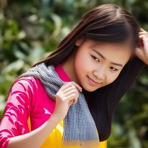 a photograph up-close body of a girl, 1girl, wears khanranbaba, black striped scarf, wooden boat, beautiful face, gorgeous detailed faces, confident pose, confident, ,gorgeous costume, intricate, seductive, in front green flowered park, depth of field, professional photo, best quality, masterpiece, ultra high res, (photorealistic:1.4), looking at viewer, dark hair, dark eyes