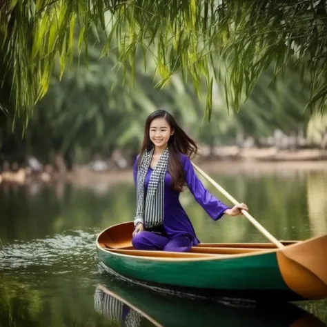 a photograph up-close body of a girl, 1girl, wears khanranbaba, black striped scarf, rowing canoe, lotus, beautiful face, gorgeous detailed faces, confident pose, confident, ,gorgeous costume, intricate, seductive, in front green flowered park, depth of field, professional photo, best quality, masterpiece, ultra high res, (photorealistic:1.4), looking at viewer, dark hair, dark eyes