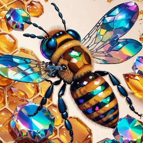 masterpiece Macro shot of a honey bee ,transparent color transparent color vinyl, ((prismatic shapes)), holographic, chromatic aberration, looking at viewer, 8k, ultra detailed, ((masterpiece)), (best quality), detailed, realistic, 8k, 4k, UHD, high quality, lifelike, precise, vibrant, absurdres