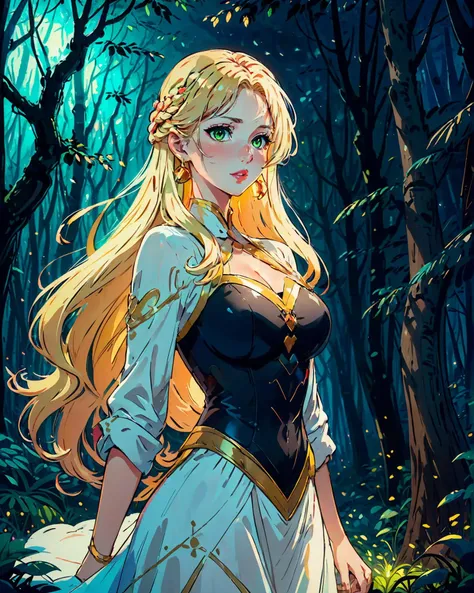 Half-body portrait of gorgeous cute disney princess incredibly long blonde hair and big green eyes in an enchanted forest by ht, large smile, funny attitude, fireflies, 2d art cover, official fanart behance hd artstation by jesper ejsing, by rhads, makoto shinkai and lois van baarle, ilya kuvshinov, rossdraws, masterpiece, smooth render, unreal engine 5 rendered, octane rendered, ray tracing, cel shading, high contrast, 8k, highres, watercolor, masterpiece