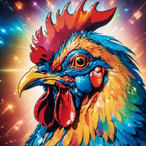masterpiece Macro shot of rooster face, transparent color transparent color vinyl, ((prismatic shapes)), holographic, chromatic aberration, 8k, ultra detailed, ((masterpiece)), (best quality), detailed, realistic, 8k, 4k, UHD, high quality, lifelike, precise, vibrant, absurdres