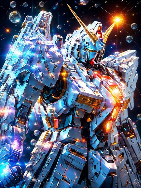 (Realistic),masterpiece,best quality,cinematic lighting,natural shadow,highest detail,professional photography,detailed background,depth of field,insane details,intricate,aesthetic,subsurface scattering,dynamic angle,
<lora:add-detail-xl:1>,<lora:Gundam_SDXL:0.8>,BJ_Gundam_SDXL,
the gundam walks along a crystal path in the Cosmos,the gundam is illuminated by the sun's rays,the stars are shining around,comets and planets are flying,a magical bright picture,