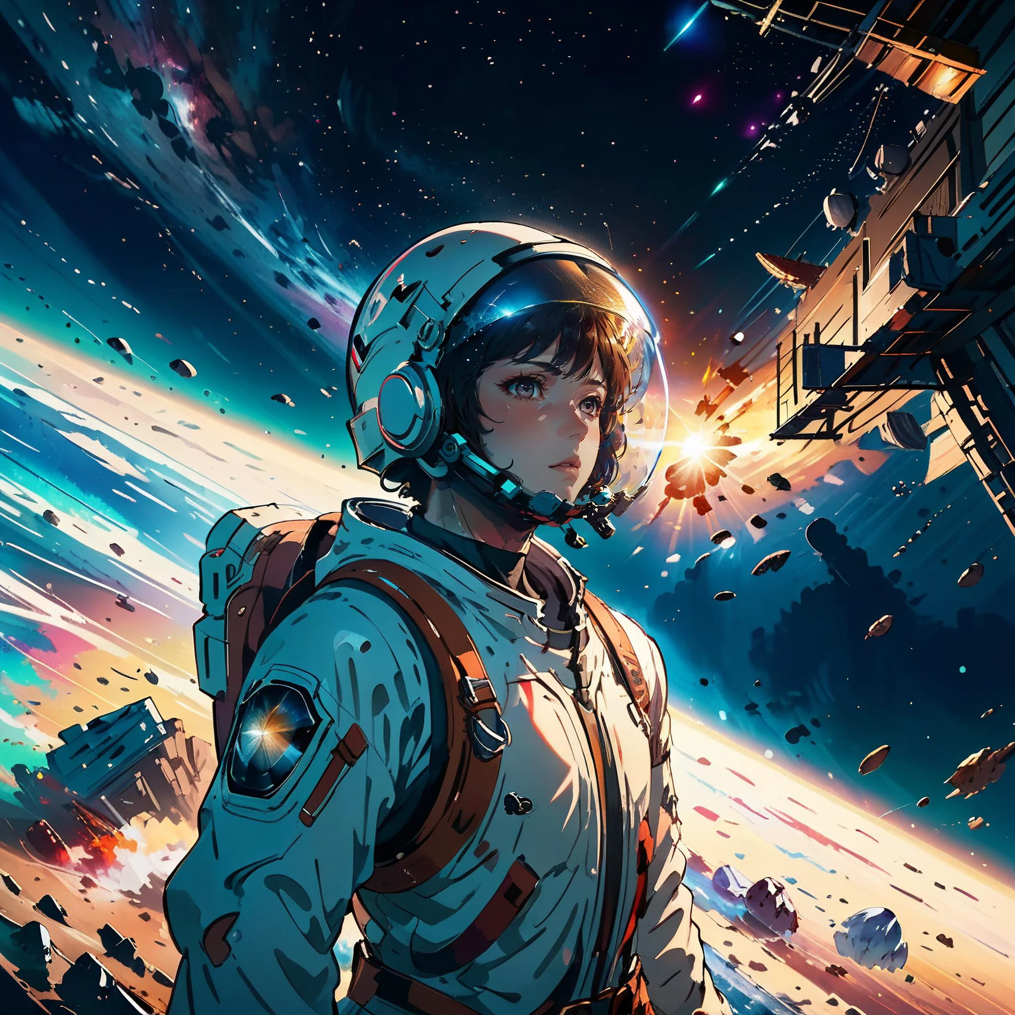 A cinematic photo of a 25 year old Japanese Male floating in outer space above earth, Earth in the background below, Small bits of space junk flying in the background, Destroyed ships in the background, He is wearing white astronaut space suit, with helmet, Stars in background, (Dazzling lights:1.2), Beautiful colors, Complex, beautiful, Slick, Cyberpunk style, Matrix style, Holographic systems, Glitch, Sci fi, Chromatic, holographic, dramatic, atmospheric, Masterpiece, Ultra detailed, Front facing view, Studio Anime, (Anime:1.2), SimplepositiveXLv1