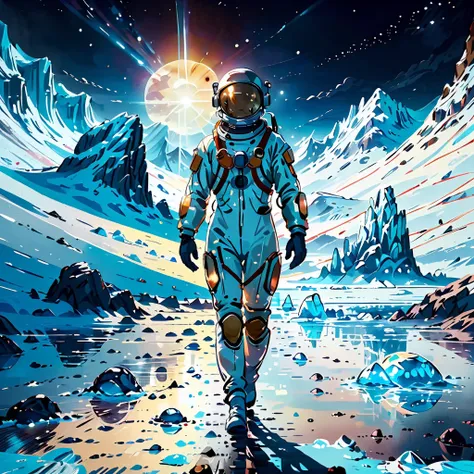 A cinematic photo of an astronaut standing walking on Europa's surface, He is wearing a white space suit with see through helmet, No atmosphere, ice cracked ground, Colossal mountains and ridges, Chasm, Blue color, Ice water, Stars in background, Glacial, lakes, (Planet Jupiter in the sky:1.2), Stellaris, NASA planet concept art, single planet, No man's sky, Grand scope, Surreal, Award winning photograph, Misty, Hazy, Ultra detailed, Chromatic, Card Foil style, dramatic, atmospheric, Masterpiece, SimplepositiveXLv1