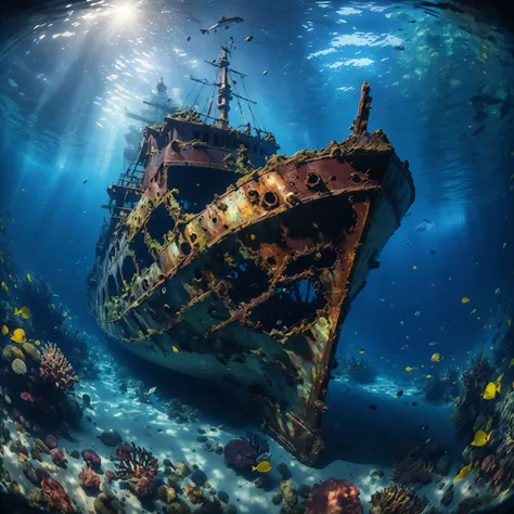 masterpiece fisheye shot of an a ship wreckage underwater, transparent color transparent color vinyl, ((prismatic shapes)), holographic, chromatic aberration, 8k, ultra detailed, ((masterpiece)), (best quality), detailed, realistic, 8k, 4k, UHD, high quality, lifelike, precise, vibrant, absurdres