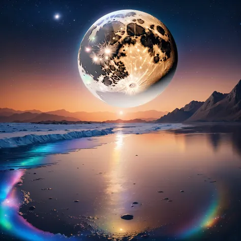 masterpiece Telephoto Shot of the moon, transparent color transparent color vinyl, ((prismatic shapes)), holographic, chromatic aberration, 8k, ultra detailed, ((masterpiece)), (best quality), detailed, realistic, 8k, 4k, UHD, high quality, lifelike, precise, vibrant, absurdres