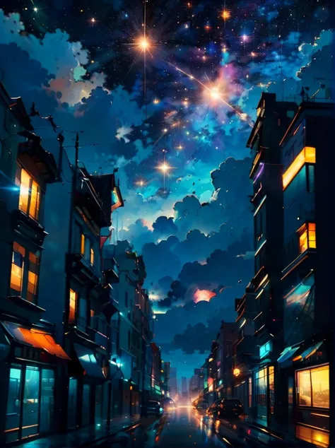 octans, sky, star (sky), scenery, starry sky, night, night sky, outdoors, building, cloud, milky way, tree, city, cityscape, 360, Frightening, Kinetic Pointillism