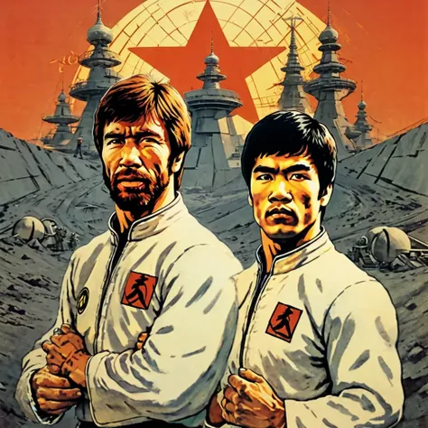 (Chuck Norris:1.4) and (Bruce Lee:1.3) at the cosmodrome, (heroic poses:0.9), painted in the soviet poster style <lora:Soviet-poster:0.9>, soviet flag, (cosmonauts:1.1)