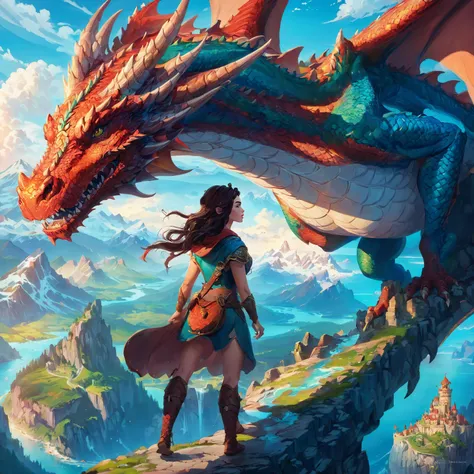 realistic (Epic Fantasy:1.5) A mighty dragon soaring over a mythical kingdom painted in bold colors. (Art by Lois van Baarle:1.4) (Ultra HD, 8k), masterpiece, best quality, detailed, realistic, 8k UHD, high quality, lifelike, precise, vibrant, absurdres, SimplepositiveXLv1