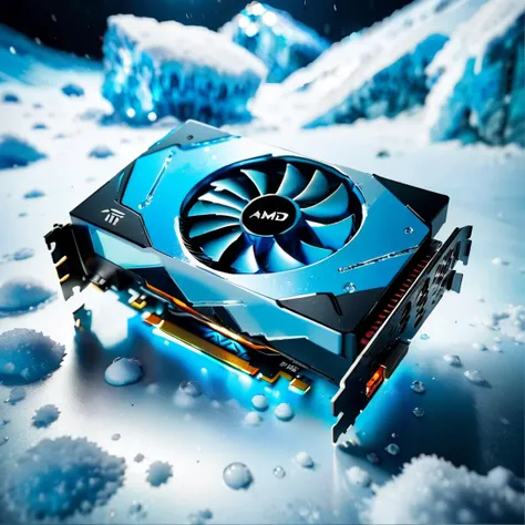 A cinematic photo of an AMD graphics card, It's ice cold frosting blue, Covered in ice, Dripping ice, Water, It's sitting on on top of table covered in snow, Blue lightning. A lot of snow, Frosty blue, ultra detailed, atmospheric, dramatic, masterpiece, <lora:FDXLAMDCard:1>