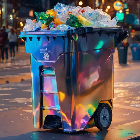 masterpiece telephoto shot of a garbage can, transparent color transparent color vinyl, ((prismatic shapes)), holographic, chromatic aberration, 8k, ultra detailed, ((masterpiece)), (best quality), detailed, realistic, 8k, 4k, UHD, high quality, lifelike, precise, vibrant, absurdres