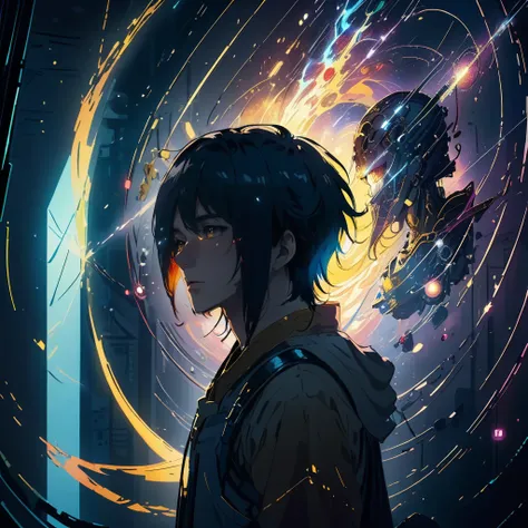 A cinematic front facing portrait of a 20 year old Japanese male at the beginning of the universe, Black shiny silky long hair, He is staring into the face of death, Clockwork, Ethereal being, Twisted nether, Mindbender, Split atom, Death, Warp drive, Dark lighting, Yellow lighting, Ominous, Scary, Horror, Slick, Shiny, Award winning photograph, Misty, Hazy, Ultra detailed, Chromatic, Card Foil style, dramatic, atmospheric, Masterpiece, SimplepositiveXLv1