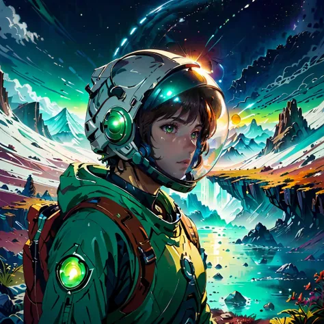 A cinematic front facing close up portrait of a 25 year old Japanese male wearing astronaut suit, (Dense thick brown and green color atmosphere:1.2), Staring into the abyss, Colossal mountains and ridges, Chasm, Methane lakes, Grand canyon, green color, brown color, Brown water, Thunderstorm in atmosphere, Lighting, Raining, Massive tsunami, Nasa planet concept art, Sellaris, No man's sky, Single planet, Grand scope, Surreal, Award winning photograph, Misty, Hazy, Ultra detailed, dramatic, atmospheric, Masterpiece, lens flare, SimplepositiveXLv1