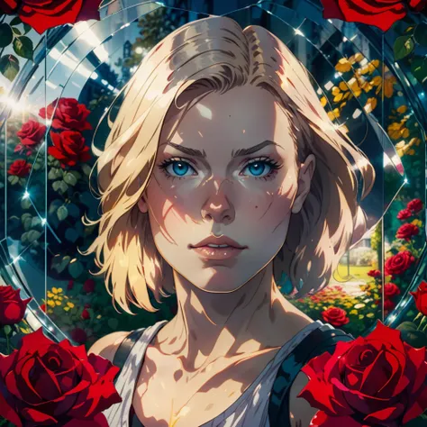 A selfie photo of a 25 year old Norwegian woman, Glass reflection, She is standing in the garden of Eden, Red roses in background, Fractured reality, Glass shattering the screen, Glass shattering face, pop out effect style, Shattered memories, Sci fi, Concerning, Ultra detailed, Dramatic, Atmospheric, Masterpiece