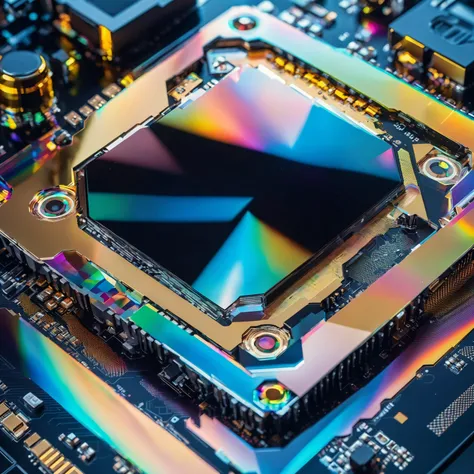 masterpiece Macro shot of a graphics card ,transparent color transparent color vinyl, ((prismatic shapes)), holographic, chromatic aberration, looking at viewer, 8k, ultra detailed, ((masterpiece)), (best quality), detailed, realistic, 8k, 4k, UHD, high quality, lifelike, precise, vibrant, absurdres