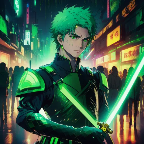 A cinematic photo of a 25 year old Japanese male, Perfect face, Perfect eyes, He has neon green medium hair, He is wearing Futuristic chainmail neon green armor, He has green fiery eyes, (He is holding his futuristic one handed fiery green sword:1.2) He is in a neon laser tag room, in a matrix like world covered in neon green lasers, and virtual items, Shattered green reflecting glass flying everywhere, numbers flying everywhere, Smoke, hazy, Misty, Neon green rain, neon green lighting, (Dazzling lights:1.2), destruction, Chaos, Clockwork machines, denotators, Green splatter, Lens flares, Green hot Sparks, Glitch, Forge, Sci fi, Chromatic, holographic, dramatic, atmospheric, Masterpiece, Ultra detailed, Front facing view, Studio Anime, (Bokeh:1.2), (Anime:1.2)