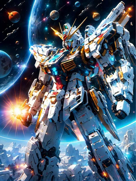 (Realistic),masterpiece,best quality,cinematic lighting,natural shadow,highest detail,professional photography,detailed background,depth of field,insane details,intricate,aesthetic,subsurface scattering,dynamic angle,panoramic view,
<lora:add-detail-xl:1>,<lora:Gundam_SDXL:0.8>,BJ_Gundam_SDXL,
the gundam walks along a crystal path in the Cosmos,the gundam is illuminated by the sun's rays,the stars are shining around,comets and planets are flying,a magical bright picture,