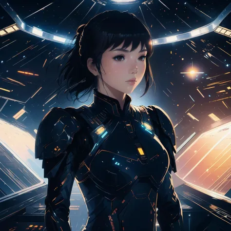 A cinematic photo of a 25 year old Japanese female standing in skylight glass see through head of spaceship hangar, She has black spiky slick smooth hair, She has brown colored eyes, She is wearing a black dreadnaught battle armor, Alien spaceships in background, Edge of the universe, Mind bender, Ancient technology, Dark lighting, Stars in background, Low power, hazy, Misty, fog, (Dazzling lights:1.2), sparks and showers, ethereal,  chromatic, holographic, dramatic, atmospheric, Masterpiece, Ultra detailed, Front facing view, Studio Anime, (Bokeh:1.2), (Anime:1.2)