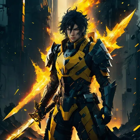A cinematic photo of a 20 year old Japanese male he has jet black hair medium wavy hair, He is wearing futuristic dreadnaught armor with fiery yellow eyes, Half broken off face armor, while holding a deadly futuristic yellow blazing Cutlass sword in his hand, Perfect face, Perfect eyes, He is in desolate broken down destroyed world, that's covered in ash, and ash is falling from the sky, grey voxel columns, Broken shards of glass flying in air, yellow hot sparks, (Dazzling lights:1.2), It's misty and hazy, grey and yellow ambience colored background theme, Yellow blazing flames, Lens flares, Sparks, Glitch, Forge, Sci fi, Chromatic, holographic, dramatic, atmospheric, Masterpiece, Ultra detailed, up close portrait, Front facing view, (Bokeh:1.2)