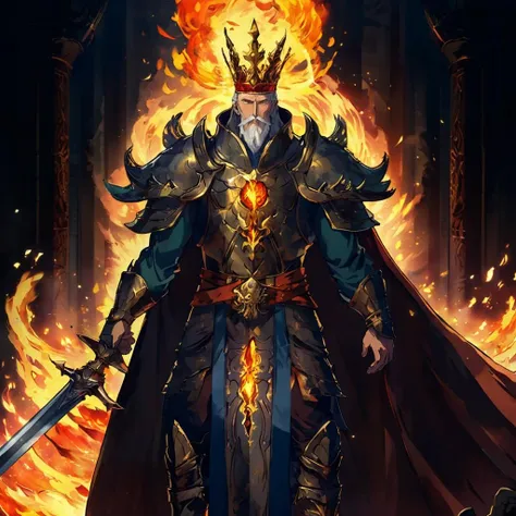 Gwyn, Lord of Cinder, is a powerful and ancient being who once ruled over the world of Dark Souls. He has a majestic appearance and clothing that reflect his status as a king and a god. According to the web search results123, he wears:

A set of royal drapes with gold bands on his arms and a crown atop his head.
A pair of boots on his feet.
A greatsword imbued with the power of light and fire, which he uses to strike down his enemies.
His face is that of an old man with calm eyes, a long grey beard and hair. However, when he is encountered in the Kiln of the First Flame, he appears to be hollowed, with charred skin and missing eyes. He has sacrificed himself to prolong the Age of Fire by linking himself to the First Flame