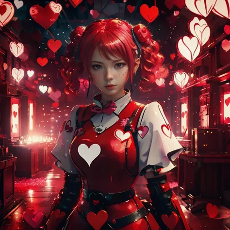 A cinematic photo of a 20 year old Japanese female she has red and pink wavy medium hair, She is wearing a cute heart themed latex based outfit, Heart headband, (She is holding a heart blazing cutlass in her hand:1.2), Perfect face, Perfect eyes, She is in a heart themed room, that's covered in hearts and hearts furniture, red voxel columns, Heart shapes flying in air, red hot sparks, (Dazzling lights:1.2), It's misty and hazy, red and white ambience colored background theme, red blazing flames, Lens flares, Sparks, Glitch, Forge, Sci fi, Chromatic, holographic, dramatic, atmospheric, Masterpiece, Ultra detailed, up close portrait, Front facing view, (Bokeh:1.2), (Anime:1.2)