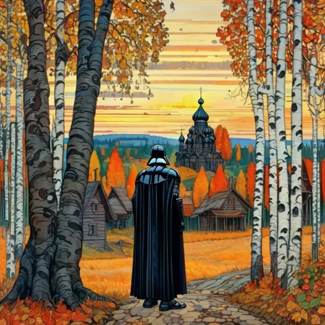 Darth Vader stands( with his hand on a birch tree:1.2), an (old Russian village:1.3) background, romantic landscape  , autumn,   <lora:Ivan Bilibin Style:0.85>   Ivan Bilibin Style page,