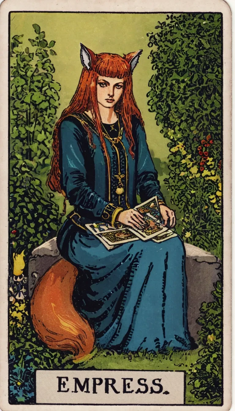 SWholo sitting in the garden, "empress" text, ginger hair, (animal ears:1.2), (spicy tail:1.2), blue jacket outfit, <lora:tarot16-subset:1> lks73zb1, tarot card style , <lora:SWHolo:0.8>
