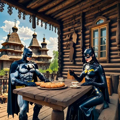 Batman and Catwoman drinks tea( sitting at a table:1.1) with a (samovar:1.2) (Pirozhki:0.9) , outdoor , traditional Russian log house on the background <lora:traditional_russian_home_xl_1:1.1>, highly detailed drawing <lora:Catwoman-1992-1024:0.65>