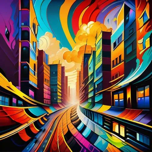 expressionist A distorted cityscape with buildings twisted into grotesque forms, as if the very fabric of reality was unraveling in a swirl of turbulent colors and chaotic brushstrokes. . raw, emotional, dynamic, distortion for emotional effect, vibrant, use of unusual colors, detailed