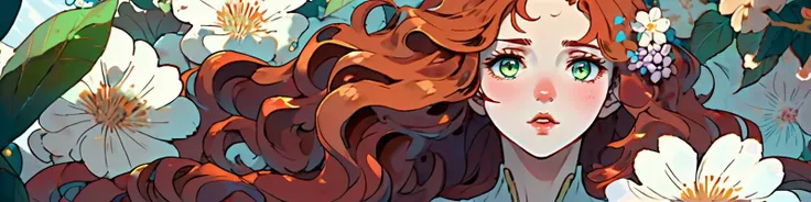 long fluffy wavy hair, (beautiful face freckles:1.1), curly hair entangled with flora and( flowers:1.3), dreamlike beauty, soft eyes, vivid matte palette, hyper realistic anime art style