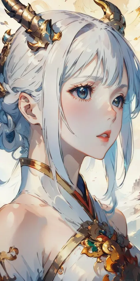 ((masterpiece, best quality, legendary work, female with eyeliner, warlike female)), Depth of field, (bokeh), illustration, 1girl, (a dragon girl with huge double complex curly shaped horns at her head), ((body shot)), Cheongsam like uniform, silver long hair, double eyelids, slightly thick lip, battle armor, gorgeous accessories, gorgeous kimono pattern, (hair between eyes), (asian face, thick eyebrows), park, handy fan,
