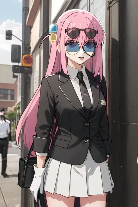 best quality, masterpiece, highres, solo, {black business suit:1.40}, {tie:1.20}, {sunglasses:1.25}, {white gloves:1.15}, {white shirt:1.10}, {black skirt:1.15}, {smoking:1.20}, handsome, {goto_hitori_bocchitherock:1.15}, pink_hair, bangs, long_hair, hair_between_eyes, cube_hair_ornament, one_side_up, hair_ornament, blue_eyes