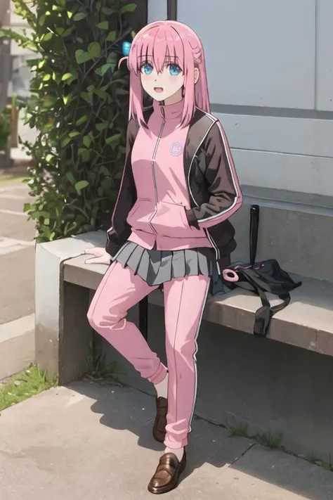 best quality, masterpiece, highres, solo, {goto_hitori_bocchitherock:1.15}, pink_hair, bangs, long_hair, hair_between_eyes, cube_hair_ornament, one_side_up, hair_ornament, blue_eyes, 1girl, brown_footwear, jacket, loafers, open_mouth, pants, pants_under_skirt, pink_jacket, pink_pants, pleated_skirt, shoes, skirt, track_jacket, track_pants, full_body, grey_skirt, holding