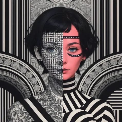 <lora:Linear-Delusion-000100:0.7>, LinearDelusion, collage art, surrealism, a woman with short hair, abstract pattern, high fashion, avantgarde