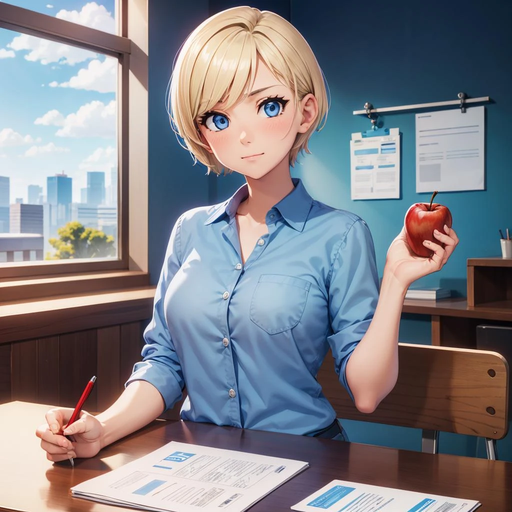 woman, blue blouse with pocket, buttons, id card badge, short blonde hair, blue eyes, sitting, holding red apple, wooden desk, hand on papers, cup with red pen on desk, chair, from front, blush, blue wall, wooden panels, window, cityscape, tree <lora:woman_with_apple_01-000006:0.6>