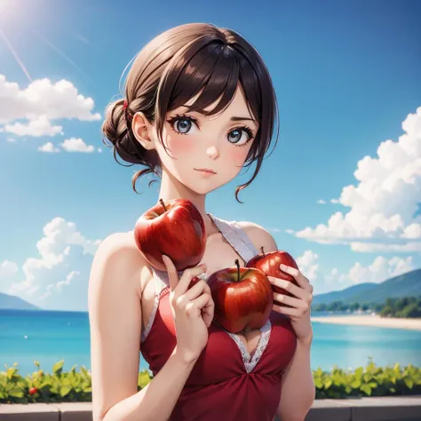woman, holding red apple <lora:woman_with_apple_01-000006:0.6>