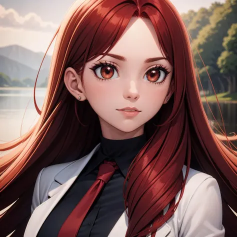woman, long red hair, brown eyes, ear, earring, close up, white coat, black blouse, tie, breathtaking background, grasslands, lake <lora:face_mask_01:0.6>
