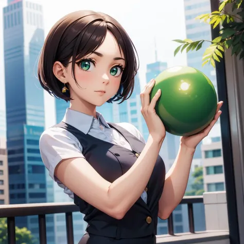 woman, holding green ball <lora:woman_with_apple_01-000006:0.6>
