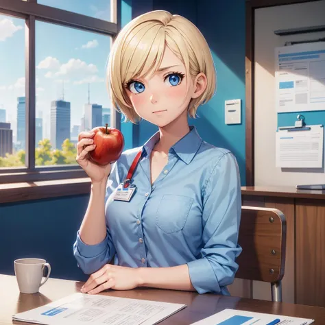 woman, blue blouse with pocket, buttons, id card badge, short blonde hair, blue eyes, sitting, holding red apple, wooden desk, hand on papers, cup with red pen on desk, chair, from front, blush, blue wall, wooden panels, window, cityscape, tree <lora:woman_with_apple_01-000006:0.6>