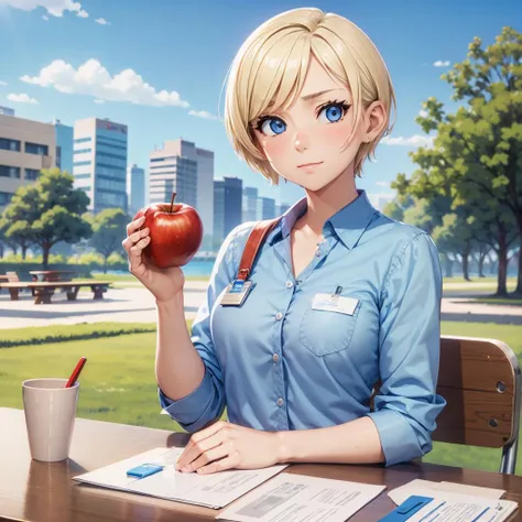 woman, blue blouse with pocket, buttons, id card badge, short blonde hair, blue eyes, sitting, holding red apple, wooden desk, hand on papers, cup with red pen on desk, chair, from front, blush, outdoors, picnic table, park bench, trees, sunny, river, cityscape <lora:woman_with_apple_01-000006:0.8>