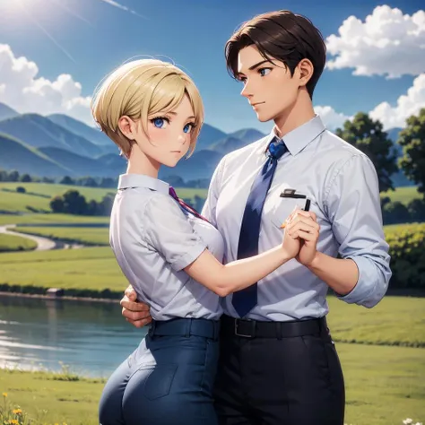 ballroom dancing, woman, man, breathtaking farm fields background, grass, cottage, river, sunny BREAK woman, blue blouse with pocket, buttons, id card badge, short blonde hair, blue eyes BREAK man, long red hair, brown eyes, white coat, tie <lora:ballroom_dancing_01-000010:0.4> <lora:woman_with_apple_01-000008:0.6>