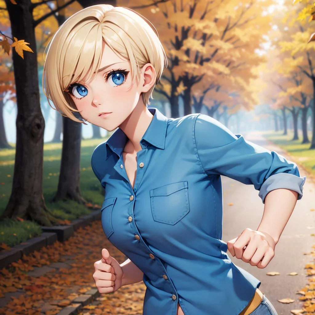 woman, blue blouse with pocket, buttons, short blonde hair, blue eyes, running, from side, breathtaking autumn forest <lora:woman_with_apple_01-000006:0.4>