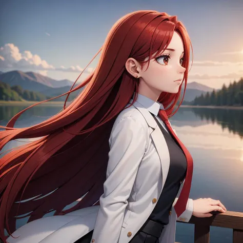 woman, (from side), long red hair, brown eyes, ear, earring, white coat, black blouse, skirt, tie, breathtaking background, grasslands, lake <lora:face_mask_01:0.6>